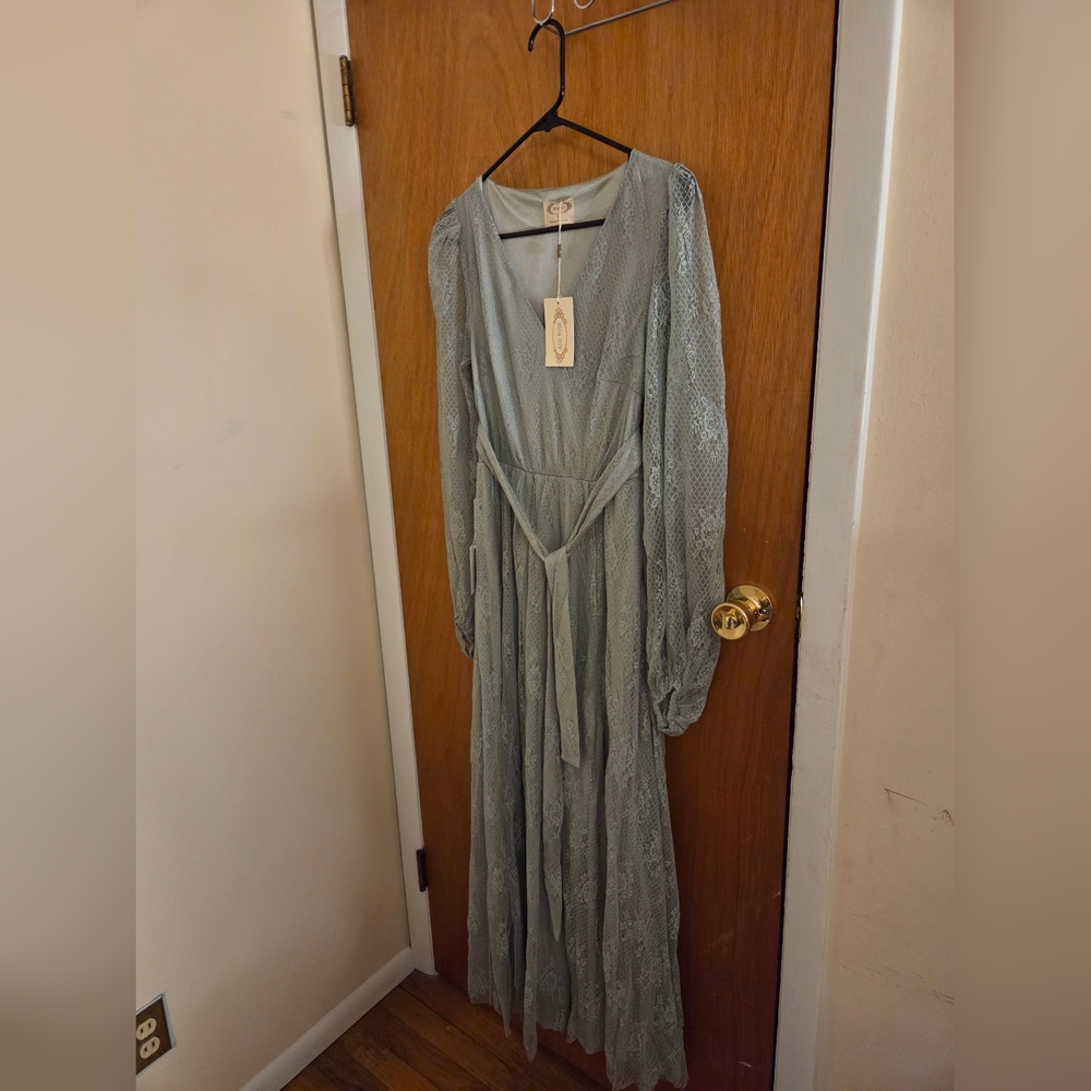 Mia Joy By Joyfolie Elegant Lace Long Sleeve Dress In Seaglass Size Small